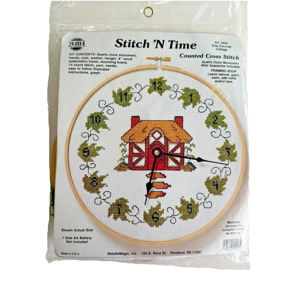 Vtg Cross Stitch Clock Hoop Kit 2043 Vine Covered Cottage Granny Kitchen NEW